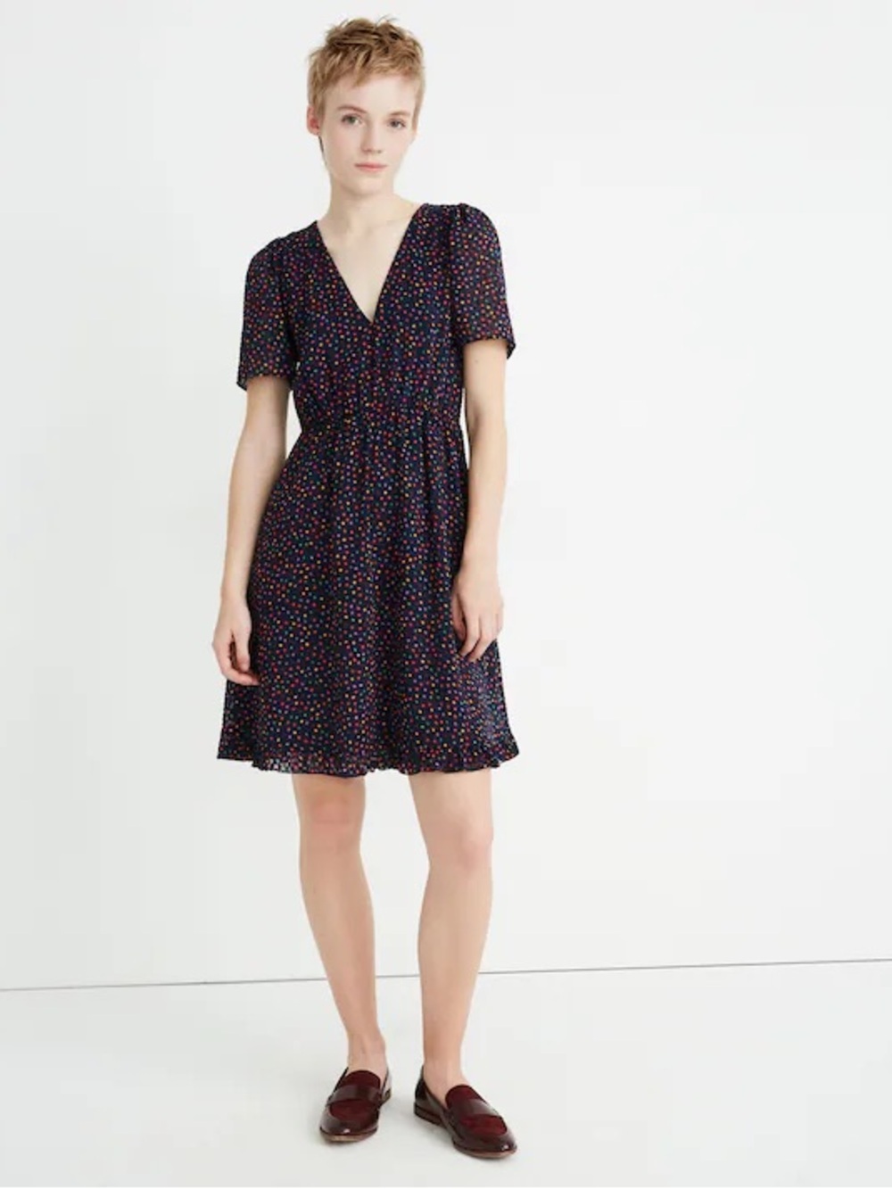 Madewell Flutter-Sleeve Ruffle-Hem Mini Dress in Sugar Dot